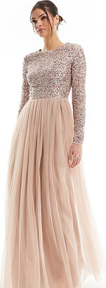 Maya Tall Bridesmaid long sleeve maxi tulle dress with tonal delicate sequin  in muted blush - ShopStyle