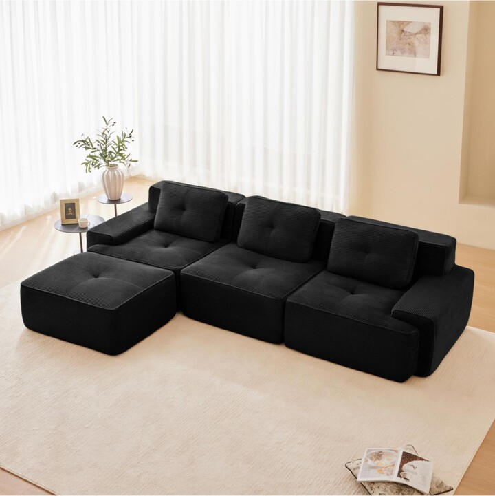 Streamdale Furniture Streamdale Modern L-Shaped Corduroy Sectional Sofa with Movable Ottoman Black