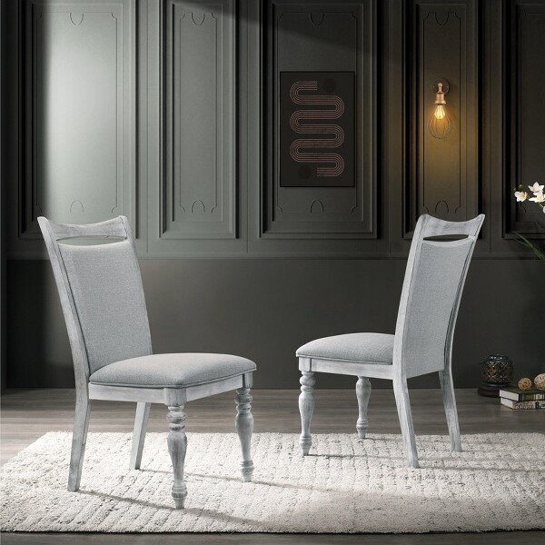 Roundhill Furniture SalinesUpholsteredTurnedLegDiningChairsRusticWhiteSetof2