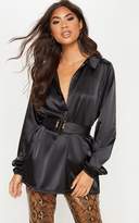 Thumbnail for your product : PrettyLittleThing Black Satin Plunge Longline Belted Top