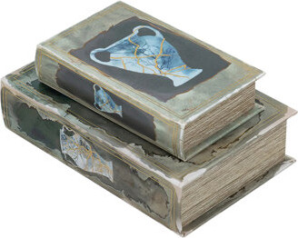 Set of 2 Decorative Book Boxes with Blue and Gold Vase Motifs, L:7x3x10.5" S:5x2x8.3"