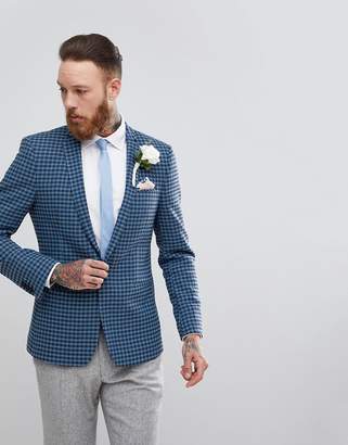 ASOS Design Wedding Skinny Blazer In Blue Wool Mix Mini Check