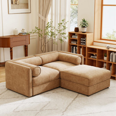 Latitude Run Stylish Camel Chenille 2-Seater Sofa With Ottoman Storage Seat, Cylindrical Backrest And Armrests, Modern Fabric Loveseat Featuring Hidden Storage Sp