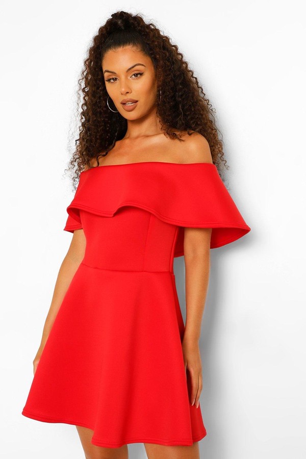 red off the shoulder frill dress