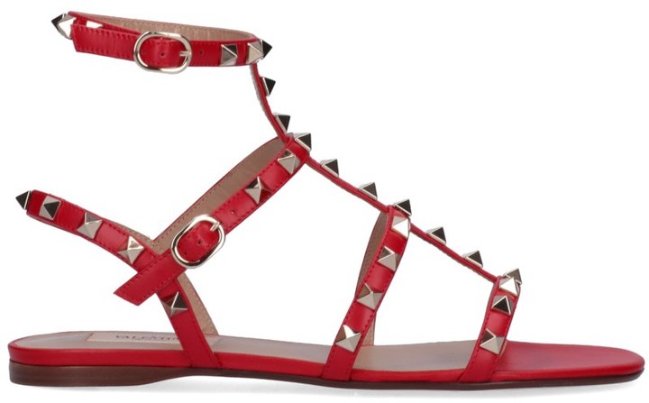 red ankle strap flat sandals