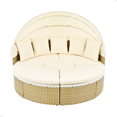 HomeViewto Patio Furniture Round Outdoor Sectional Sofa Set Rattan Daybed Two-Tone Weave Sunbed With Retractable Canopy, Separate Seating And Removable Cushion,