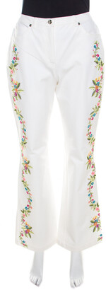 Escada White Cotton Stretch Denim Floral Embroidered Detail Flared Trousers M