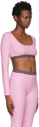 Balmain Pink Rib Knit Logo Cropped Long Sleeve T-Shirt