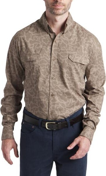 Men's Southern Marsh Merida Mar Performance Camo Long Sleeve Button Up Shirt Medium Stone Brown