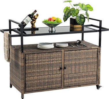 Bay Isle Home Patio Wine Entertainment Cart With Wheels - Glass Top For Poolside Brown Rolling Garden Serving Beverage Counter Table Outdoor