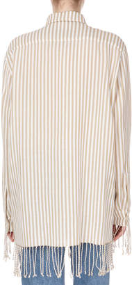 Long-Sleeve Button-Down Striped Shirt w/ Fringe