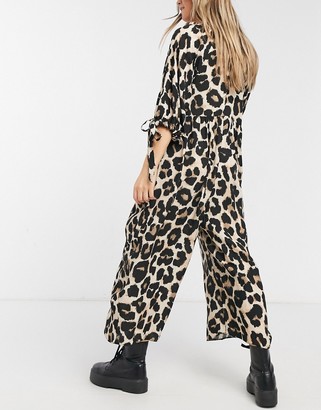 ASOS DESIGN maternity smock jumpsuit with tie sleeve detail in leopard print