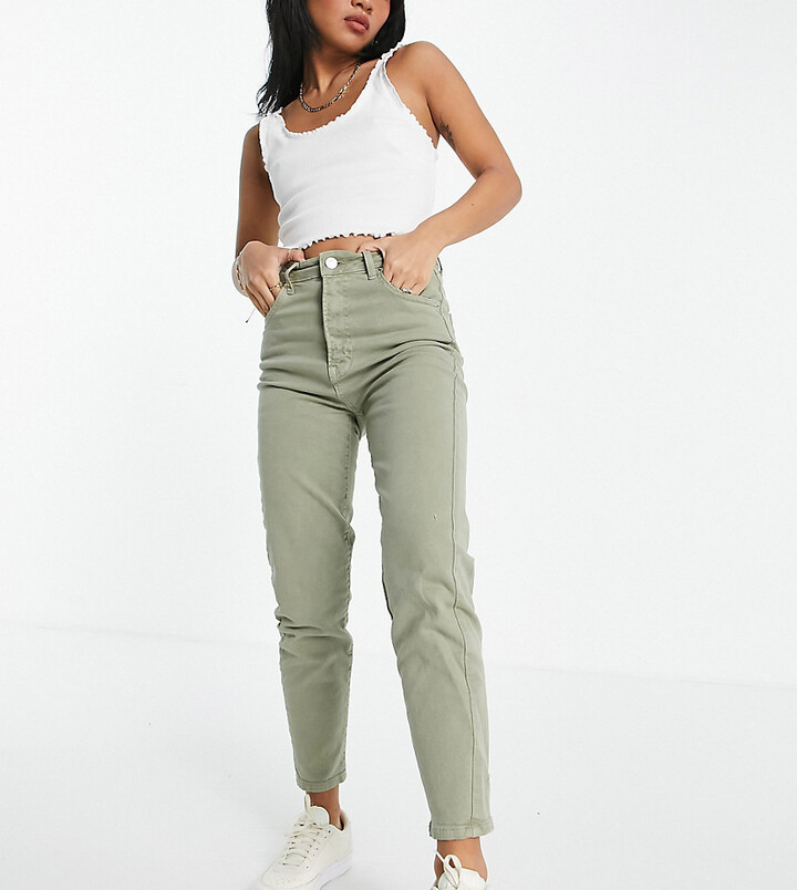Stradivarius Petite slim mom jean with stretch in washed khaki - ShopStyle