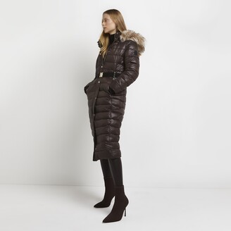 River Island Womens Brown belted longline puffer coat
