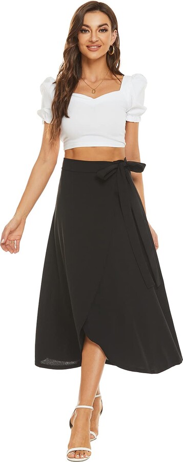 MODFUL Women Long Midi Skirt Flared A Line High Waist Elastic Casual Solid  Skirt(Black - ShopStyle
