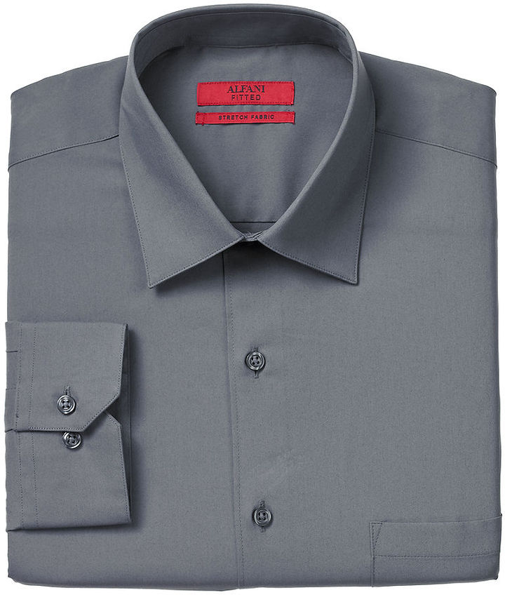 Coal Grey; 15.5 x 32/33 Alfani Mens Fitted Solid Stretch Dress Shirt 