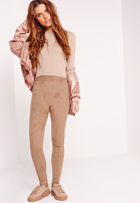 Missguided Contrast Faux Suede Leggings Nude