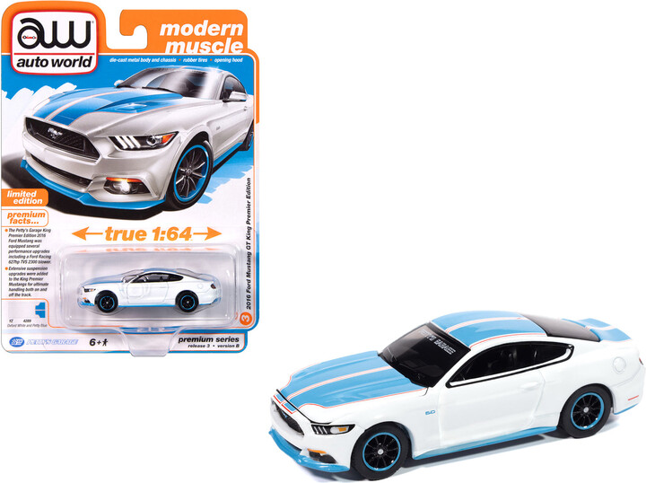 Autoworld 2016 Ford Mustang GT King Premier Edition "Petty's Garage" Oxford White with Petty Blue Stripes "Modern Muscle" Series 1/64 Diecast Model Car by Auto World