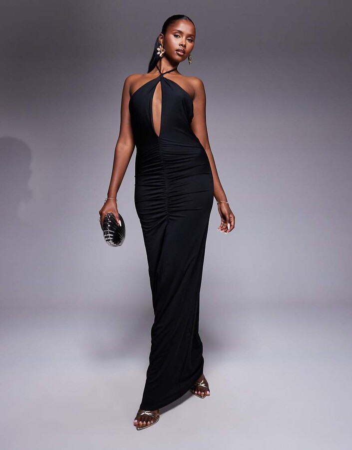 Aria Cove ruched cut out front halterneck maxi dress in black