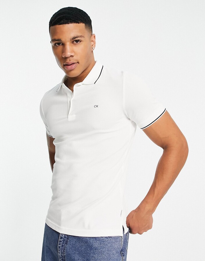 Calvin Klein stretch pique tipping slim fit polo in white - ShopStyle