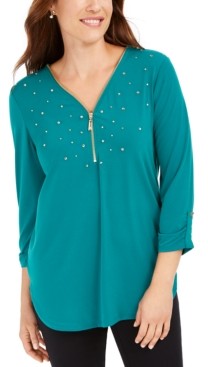 JM Collection Embellished Zipper-Trim Top, Created for Macy's