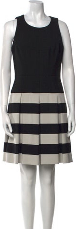 Milly A-Line Dress Black Striped Pleated Accents Sleeveless with Crew Neck Exposed Zip Closure at Back Designer