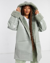 Thumbnail for your product : ASOS DESIGN Leather look parka with borg lining in sage