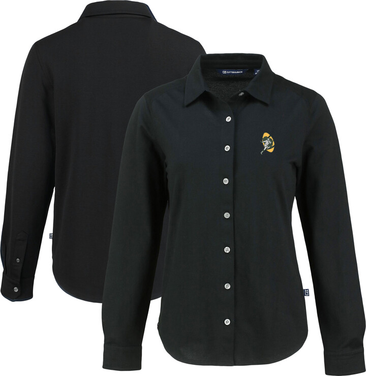 Women's Cutter & Buck Black Green Bay Packers Advantage Eco Soft Pique Tri-Blend Long Sleeve Button-Up Shirt