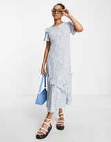 Thumbnail for your product : Qed London frill detail midi dress in blue ditsy floral print