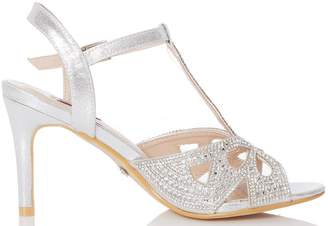 Quiz Bridal Silver Diamante T-Bar Heeled Sandals