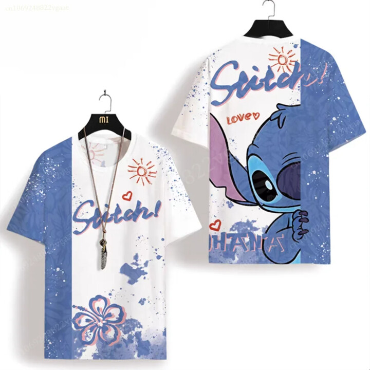 MINISO 2024 Summer Children Women Disney Stitch And Angel Couple T Shirt Men Girls Short Sleeve Boy Tees Kids Clothes Fashion T-shirt