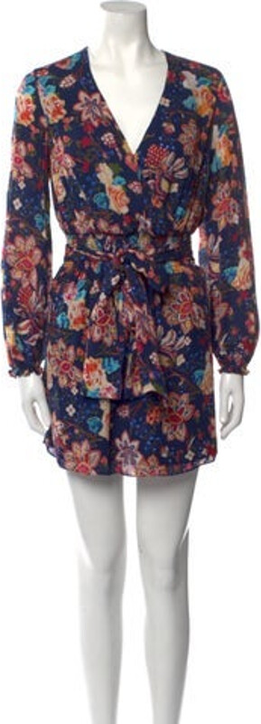 Haute Hippie Silk Wrap Dress Blue Floral Print Keyhole Accent Long Sleeve with V-Neck Button Closure at Back Designer