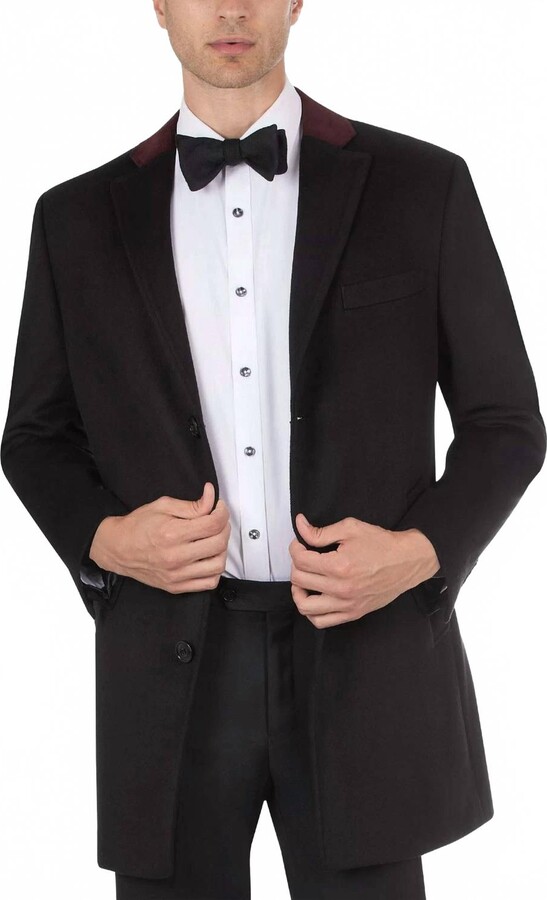 Tallia Velutti Wool Blend Contrast Velvet Top Collar Coat In Black