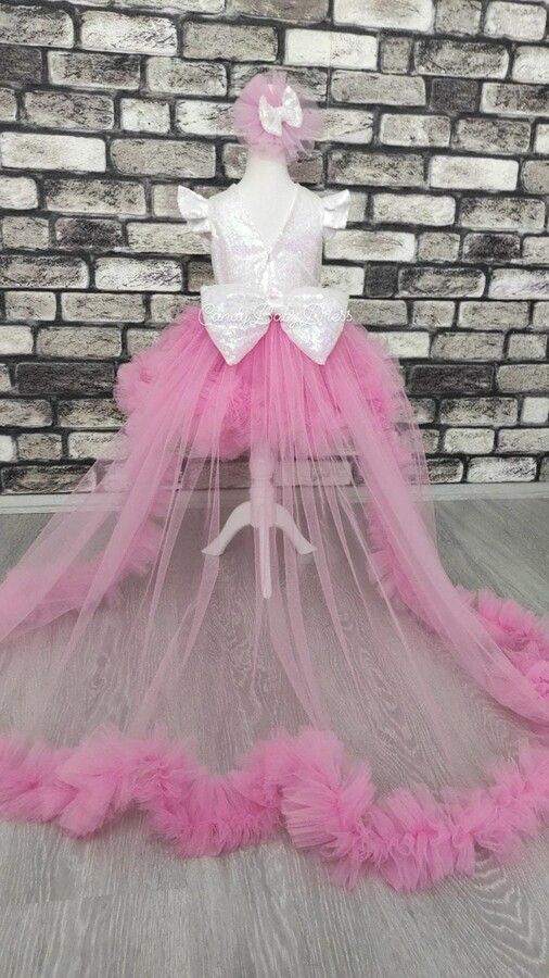 Long Tail Flower Girl Dress, First Birthday Outfit Pageant Frock 1st Photoshoot