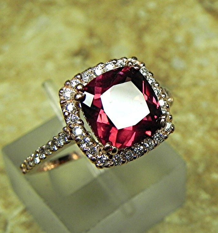 Etsy Aaa Natural Red Pink-To-Purple Rhodolite Garnet Cushion Cut 8x8mm 2.52 Carats in 14K Rose Gold Halo Ring with .30 Carats Of Diamonds H88