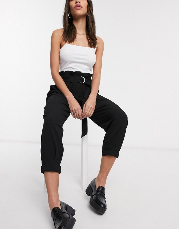 Bershka relaxed paperbag pants with belt in black - ShopStyle
