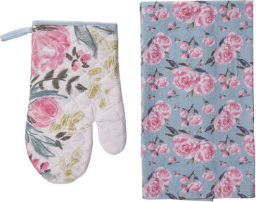 Transpac Cotton 10 In. Floral Mitt And Tea Towel Set Of 2