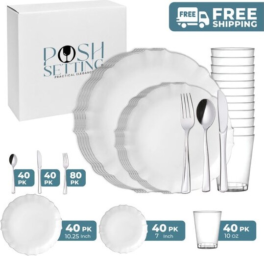 Posh Setting PoshSetting280PieceWhiteAndSilverPlasticPartyBundle-Luxe(40Settings)
