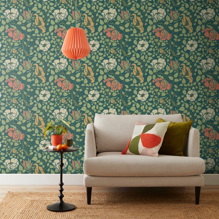 Dunelm Arts and Crafts Botanical Navy Wallpaper Green/Yellow