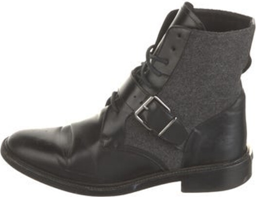 Burberry Leather Ankle Combat Boots Black Wool Trim Round-Toes Lace-Up Closure at Uppers & Buckle Closure at Sides Mary Jane Strap Designer