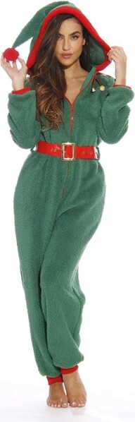 #followme Womens One Piece Christmas Themed Adult Bodysuit Faux Shearling Hoody Winter Pajamas 6414-XL