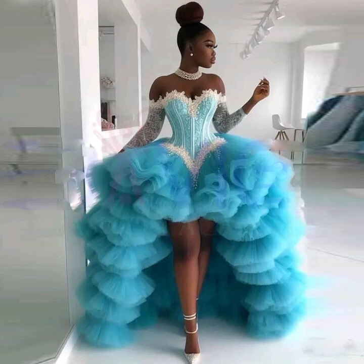 HZWL Blue Off The Shoulder Prom Dresses Lace And Tiered Tulle High Low Evening Gowns Aso Ebi Long Sleeves African Women Party Dress
