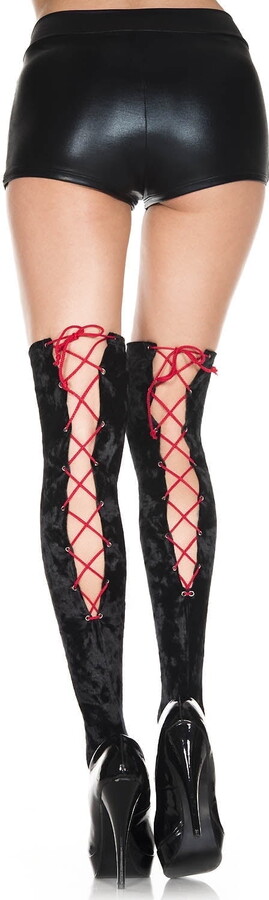 Music Legs Women’s Velvet ribbon lace up thigh hi Style: 4709-BLACK/RED