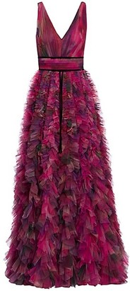 Marchesa Notte V-Neck Printed Textured Tulle Gown