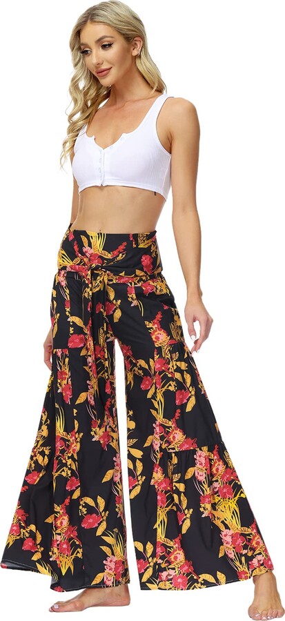 IBTOM CASTLE Boho Wide Leg Pants for Women Floral Palazzo Trousers Stretch  High Waist Wide Leg Lounge Pants Bohemian Loose Party Casual Beach Flowy  Pleated Summer Full Length Pants with Belt Black+flower