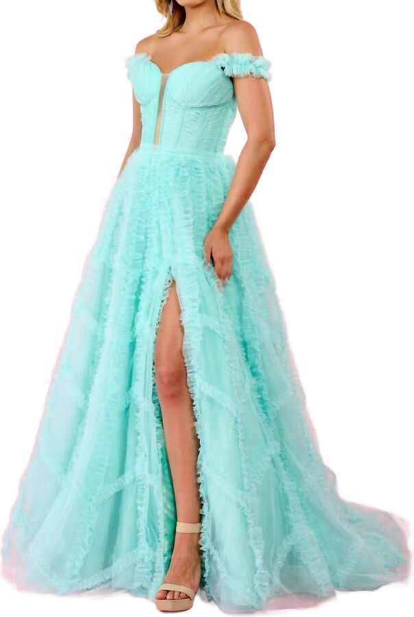 RACHEL ALLAN Glitter Tulle Prom Dress In Mint