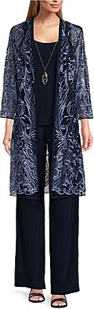 R & M Richards R M Richards 34 Sleeve Round Neck Embellished Sequin Duster Jacket 3-Piece Pant Set