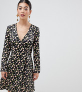 Thumbnail for your product : ASOS DESIGN Petite jacquard mini skater dress with buttons and long sleeves