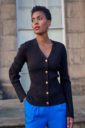 ANOTHER SUNDAY Gold Button Through Rib Cardigan In Black - ShopStyle