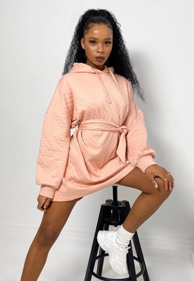 Missguided Peach Quilted Oversized Hoodie Dress